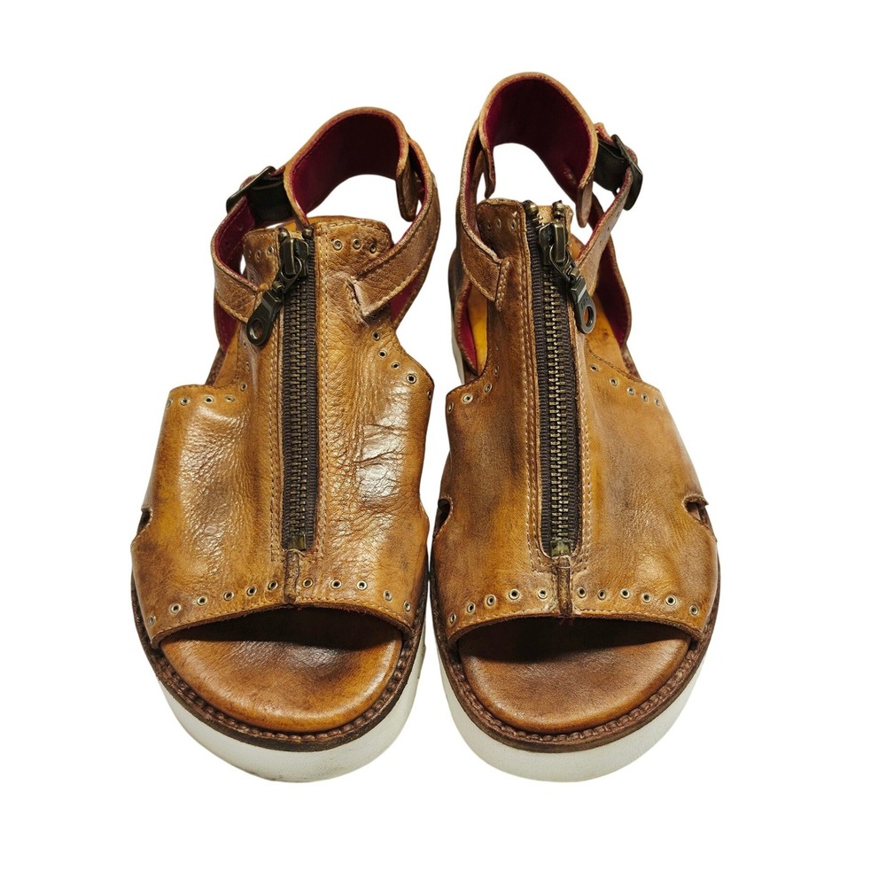 Bed Stu Clancy Sandals Women 6 Tan Leather Zip Platform Buckle Sawtooth Sole
